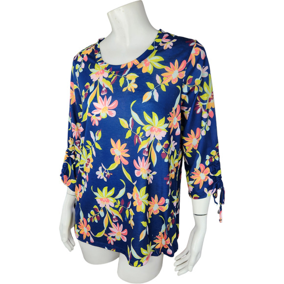 Caribbean Joe Women's Large Blue Floral Blouse 3/4 Sleeves Tie Detail NWT Cruise - Picture 5 of 15